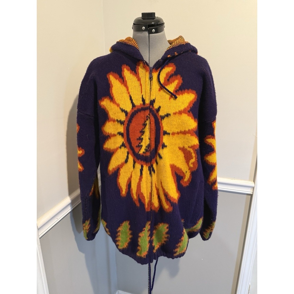 CCH Ecuadorian 100% Wool Hooded‎ Sweater XL Full Zip Chunky Cable Knit Sunflower